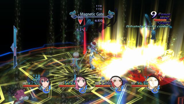 Screenshot from the game Tales of Graces f Remastered. Magnetic Gate is being cast and the party is Asbel, Cheria, Pascal, and Malik.