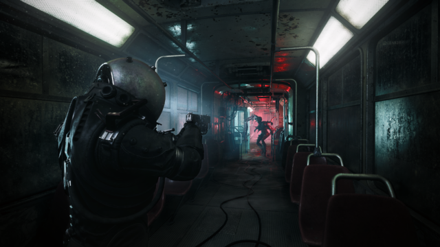 Screenshot from the game Cronos: The New Dawn. In the screenshot, the traveler is pointing a gun at and orphan.
