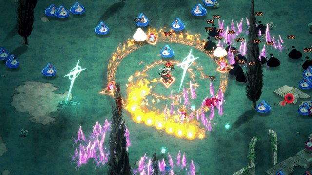 Screenshot from the game Hell Maiden. In the screenshot, Dante is running around with fire trailing behind her dealing damage to slimes.