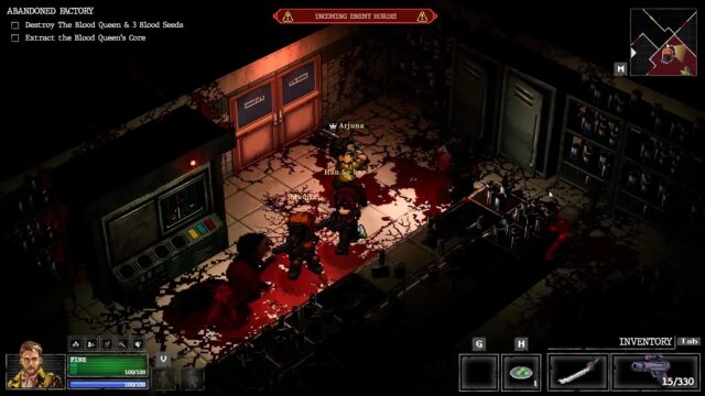 A screenshot from the game Whisper Mountain Outbreak. The screenshot shows 3 players navigating a lab in the Abandoned Factory with blood and viscera everywhere.