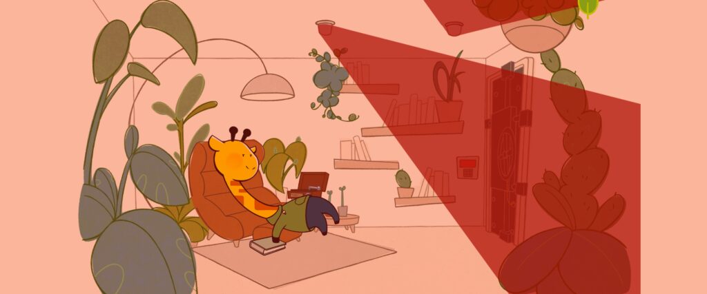 A screenshot from the game A Week in the Life of Asocial Giraffe. Asocial is laying on his chair while an alarm goes off in his apartment.