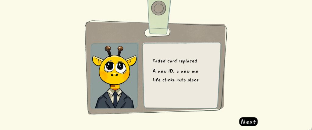 A screenshot from the game A Week in the Life of Asocial Giraffe. The screenshot shows a new ID picture of Asocial with a haiku next to it.