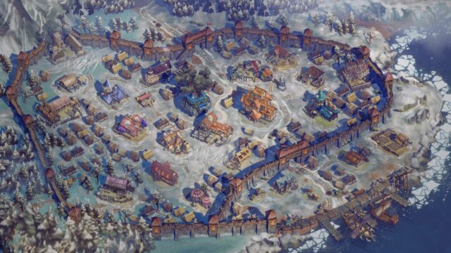 A screenshot of the city in the game Frosthaven.