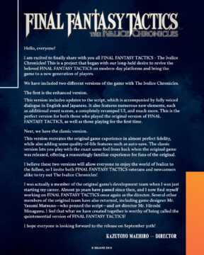 A letter from Kazutoyo Maehiro, director of Final Fantasy Tactics - The Ivalice Chronicles.