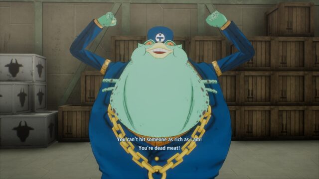 A screenshot from the game EDENS ZERO showing an antagonist lamenting being attacked because he's rich.