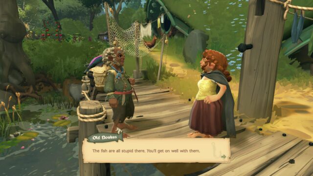 A screenshot from the game Tales of the Shire. Old Noakes is telling the player that the fish are dumb and so they'll get along with them.