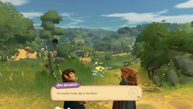 A screenshot from the game Tales of the Shire where Orlo Proudfoot says it's another great day in the Shire.