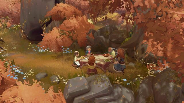 A screenshot of the game Tales of the Shire. In the screenshot the player is sitting down for a shared meal with some residents of Bywater.