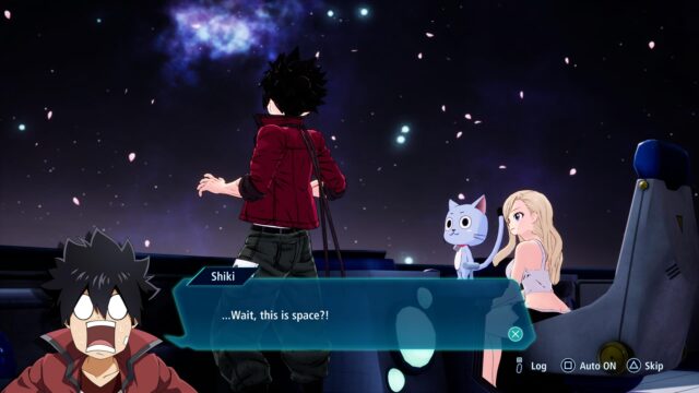 A screenshot from the game EDENS ZERO showing Shiki and Rebecca talking on the ship.