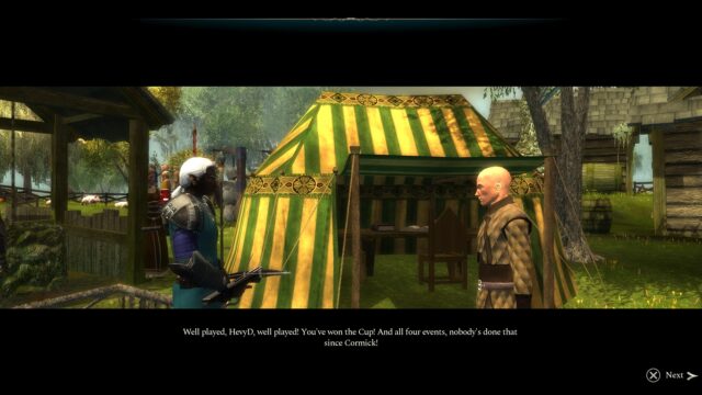 A screenshot from the game Dungeons & Dragons Neverwinter Nights 2 Enhanced Edition. In the screenshot, HevyD the Drow has won the Harvest Cup!