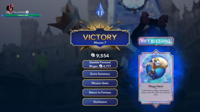 A screenshot from the game Orcs Must Die! Deathtrap. In the screenshot the player has acquired a good amount of skulls and has received a rift blessing.