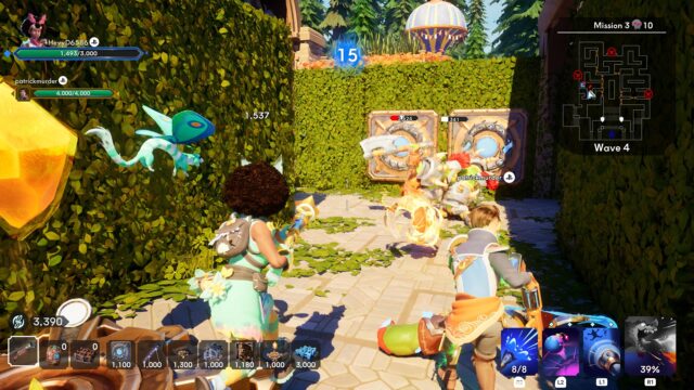 A screenshot from the game Orcs Must Die! Deathtrap. In the screenshot Harlow and Vaan are teaming up to shoot some orcs in front of a Magic Orb trap.