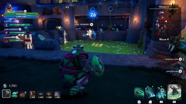 A screenshot from the game Orcs Must Die! Deathtrap. In the screenshot Kalos is looking across a pit of acid water as orcs are getting knocked into it.