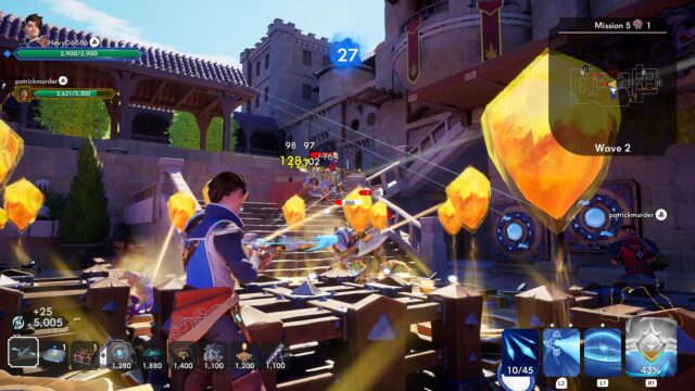 A screenshot from the game Orcs Must Die! Deathtrap. In the screenshot Vaan is shooting some orcs through a field of solar traps and barricades.