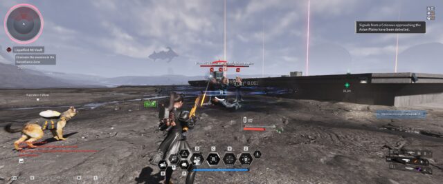 Screenshot from The First Descendant where Nell is facing off against some Breach Bois and is reloading in the 2B Nier Automata crossover costume. 