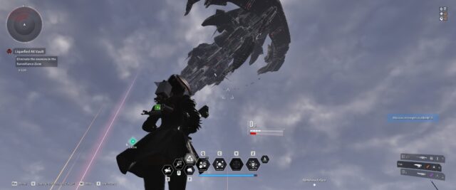 Screenshot from The First Descendant Nell is looking up at the ship that drops the Wall Crasher