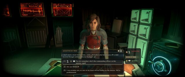 A screenshot from the game The Outer Worlds 2. In the screenshot, Augustine De Vries is upset and the commander can strong-arm her by using either Leadership or Speech.