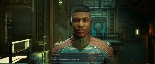 A Screenshot from the game The Outer Worlds 2. In the screenshot, Niles Abara is talking about how much brain damage can be simulated.