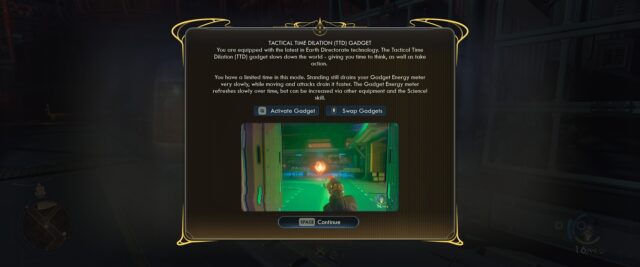 A screenshot from the game The Outer Worlds 2 where the player is being introduced to the Tactical Time Dilation Gadget.