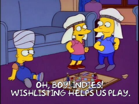 A screenshot from The Simpsons. Bart is wearing a turban and sitting despondent as Rod and Todd excitedly talk about wishlisting indie games.