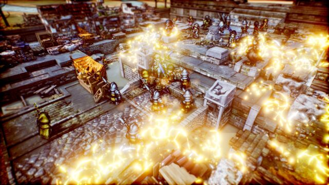 A screenshot from the game Triangle Strategy. In the screenshot, a large-scale battle is happening in a flaming city.