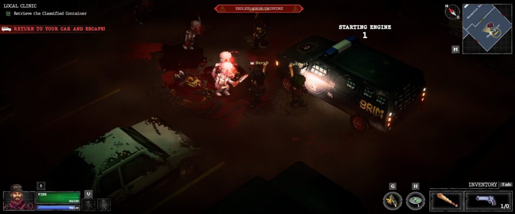 A screenshot from the game Whisper Mountain Outbreak where the players are hanging around the car with the endless horde coming.