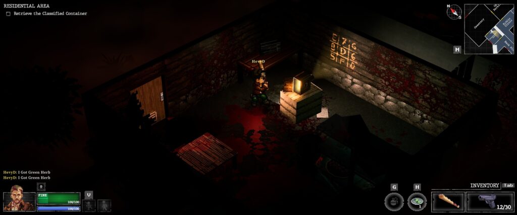 A screenshot from the game Whisper Mountain Outbreak where the player character is observing a grid clue projected on the wall.