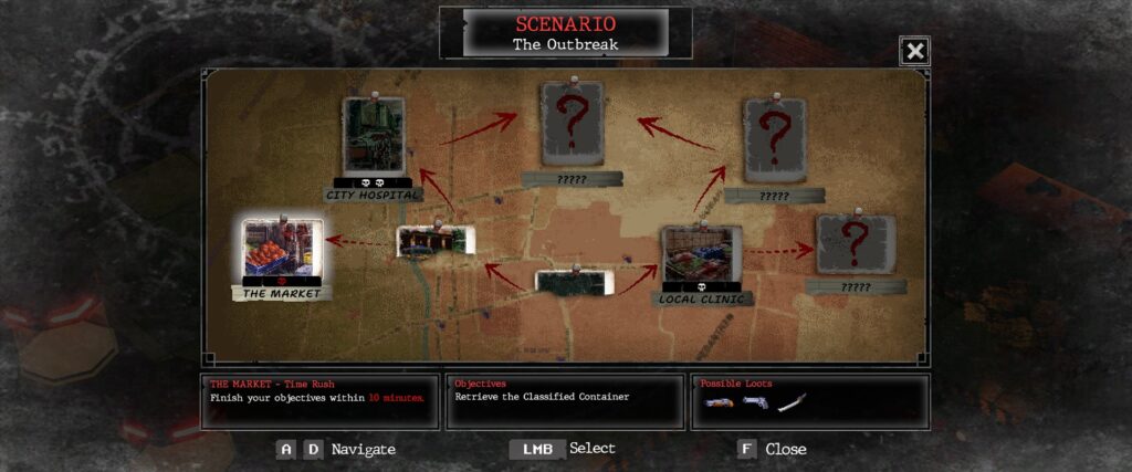A screenshot from the game Whisper Mountain Outbreak where the player is choosing the scenario on the scenario board.