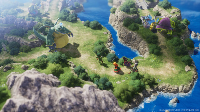 A screenshot from the game Dragon Quest VII Reimagined showing the party about to run into a large green dragon.
