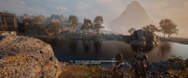 Screenshot of the game Echoes of the End. In the screenshot, Cor and Ryn are admiring the view.