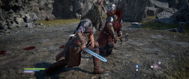 Screenshot of the game Echoes of the End. In the screenshot Ryn is performing a finisher where she decapitates a Dalsman soldier.