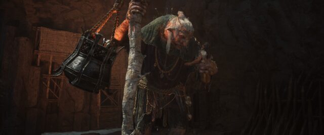 Screenshot of the game Echoes of the End. In the screenshot Ryn is behind held by a very large creature.