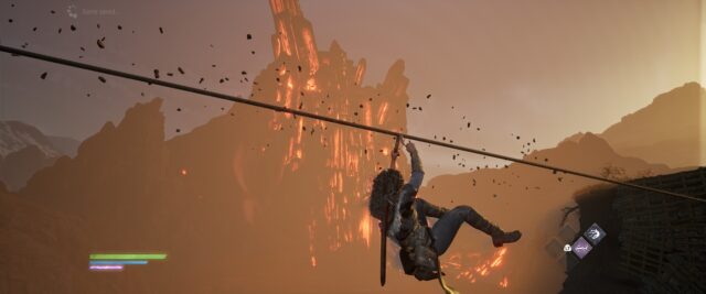 Screenshot of the game Echoes of the End. In the screenshot Ryn is sliding down a rope with a bunch of red crystals behind her.