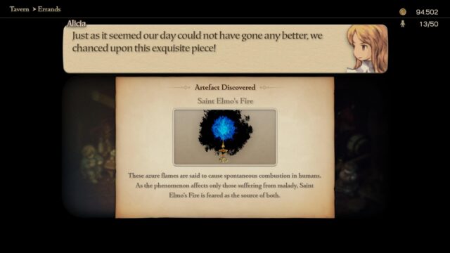 A screenshot from the game Final Fantasy Tactics - The Ivalice Chronicles where Alicia has returned with Saint Elmo's Fire.