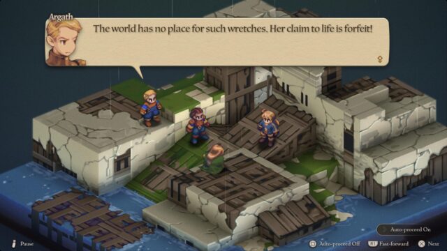 A screenshot from the game Final Fantasy Tactics - The Ivalice Chronicles where Ramza, Delitia, and Argath discuss what to do with their prisoner.