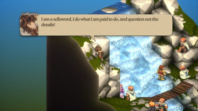 A screenshot from the game Final Fantasy Tactics - The Ivalice Chronicles where Gaffgarion talks about being a sell sword.