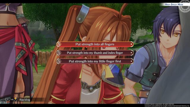 A screenshot from the game Trails in the Sky 1st Chapter showing Estelle making a tough decision that might earn her some BP.