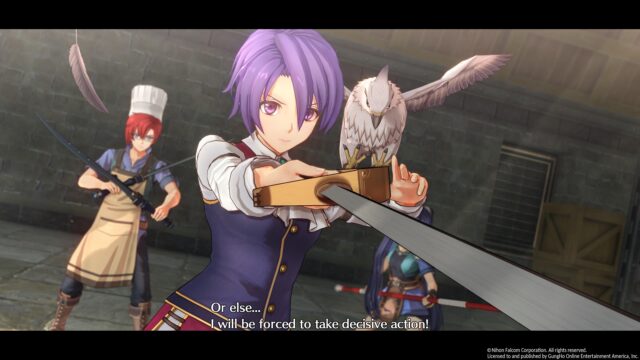 A screenshot from Trails in the Sky 1st Chapter showing Kloe aiming her sword just off camera.