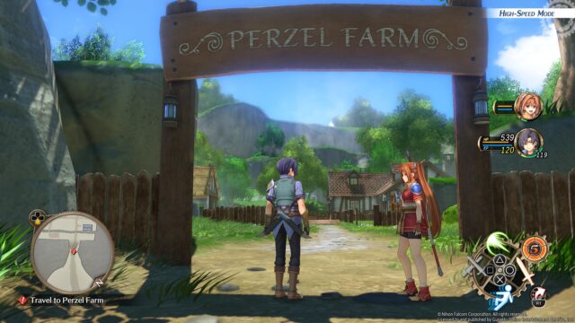 A screenshot from the game Trails in the Sky 1st Chapter where Joshua and Estelle have arrived at Perzel Farm.