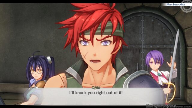 A screenshot from the game Trails in the Sky 1st Chapter showing Agate yelling that he's going to knock someone out.