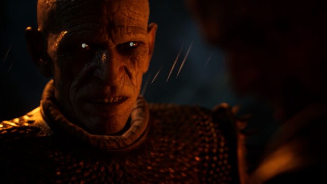 Screenshot from The Blood of Dawnwalker where antagonist Brencis stares down Coen.