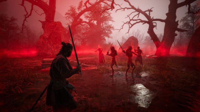 Screenshot of The Blood of Dawnwalker where Coen defends himself with a sword against skeletal enemies.