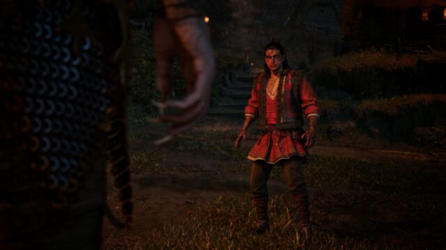 Screenshot from The Blood of Dawnwalker where Coen shows off his new vampiric look to Brencis.