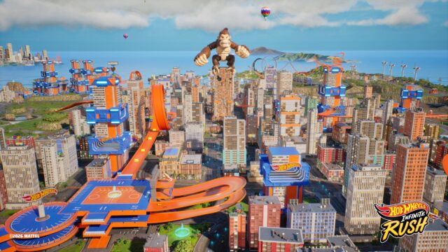 A Birds-eye view of wheelswood island. There is an robotic monkey towering over the city's tallest building. Classic orange Hot Wheels tracks connect seamlessly with the city streets.There is an robotic monkey towering over the city's tallest building. Classic orange Hot Wheels tracks connect seamlessly with the city streets.